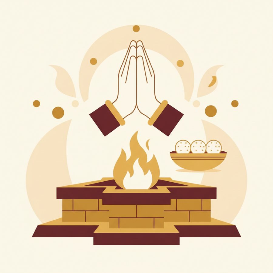 An Aacharya performing the vidhi with the samagri arranged before the sacred fire